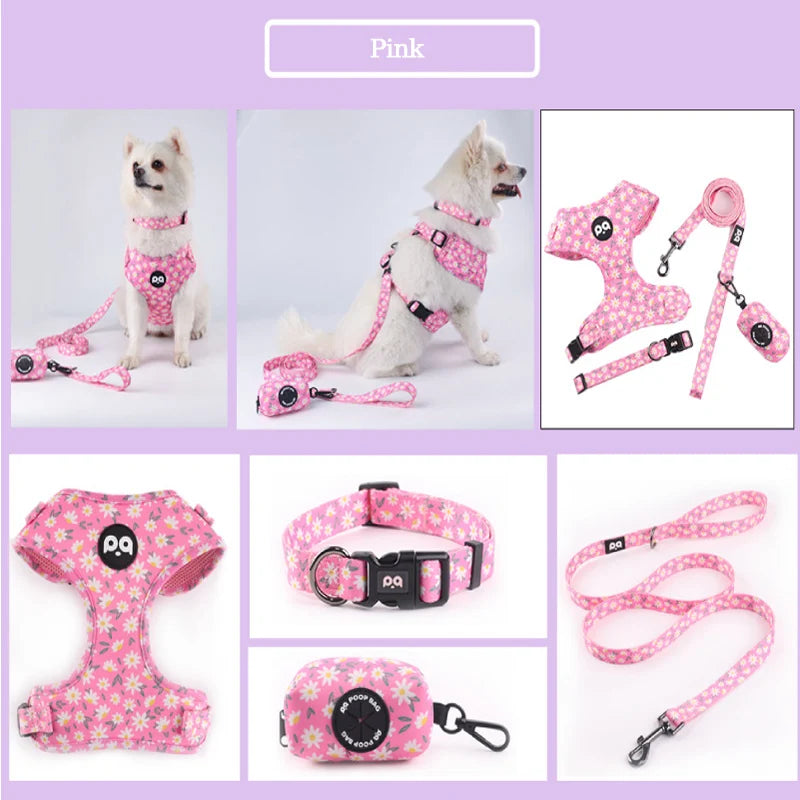 Adjustable Mesh Dog Vest Harness + Leash + Collar + Bag Holder Set