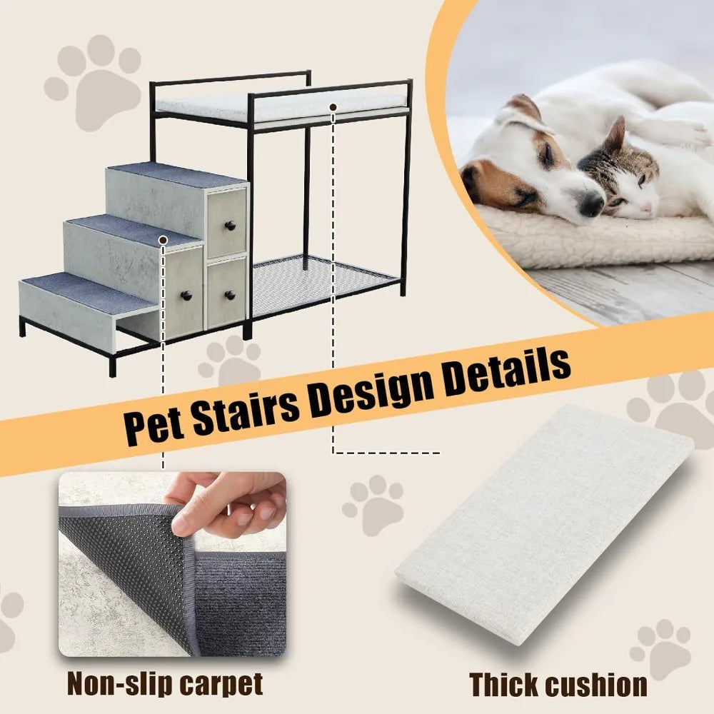 Multi-Level Pet Bunk Bed w/Stairs & Storage