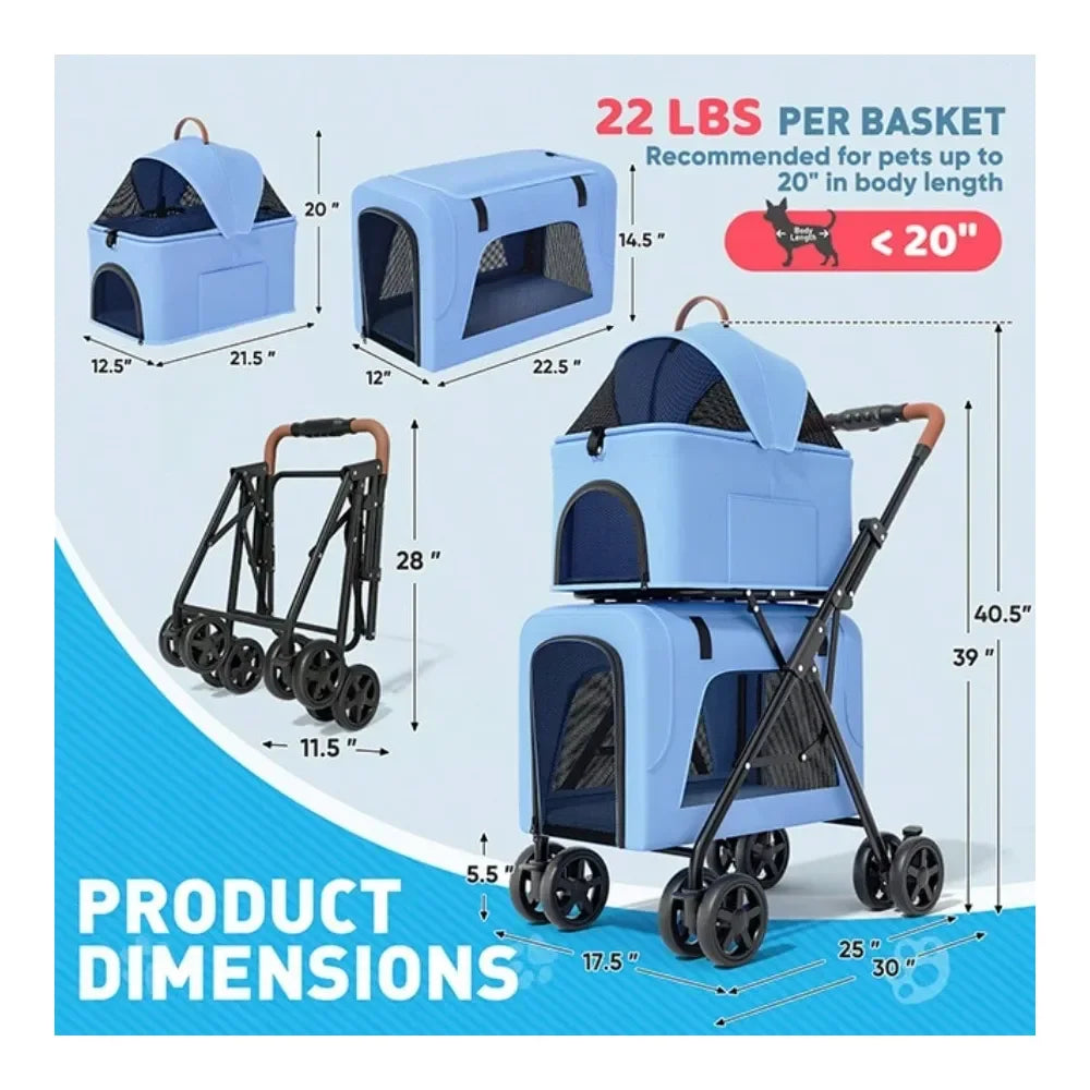 One Click Foldable Double Pet Stroller w/ Detachable Top & Bottom Carriers