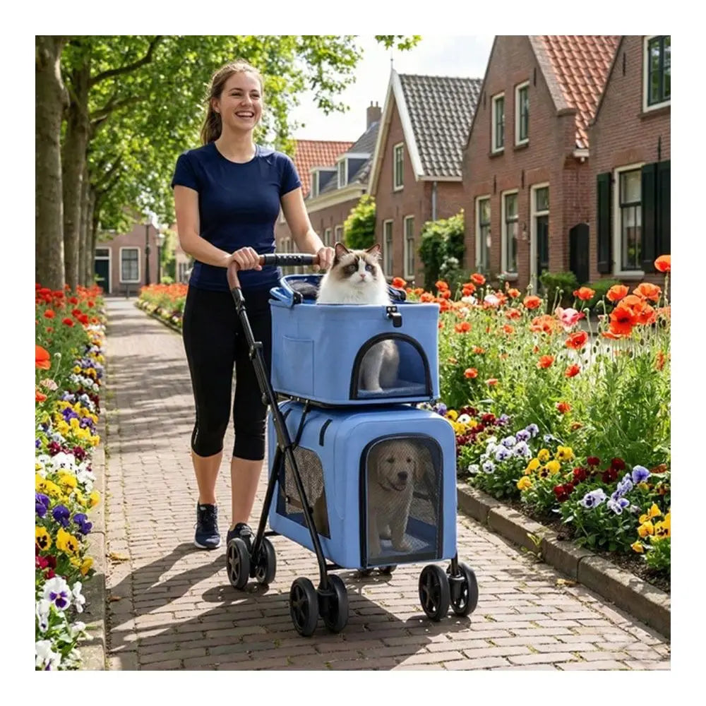 One Click Foldable Double Pet Stroller w/ Detachable Top & Bottom Carriers
