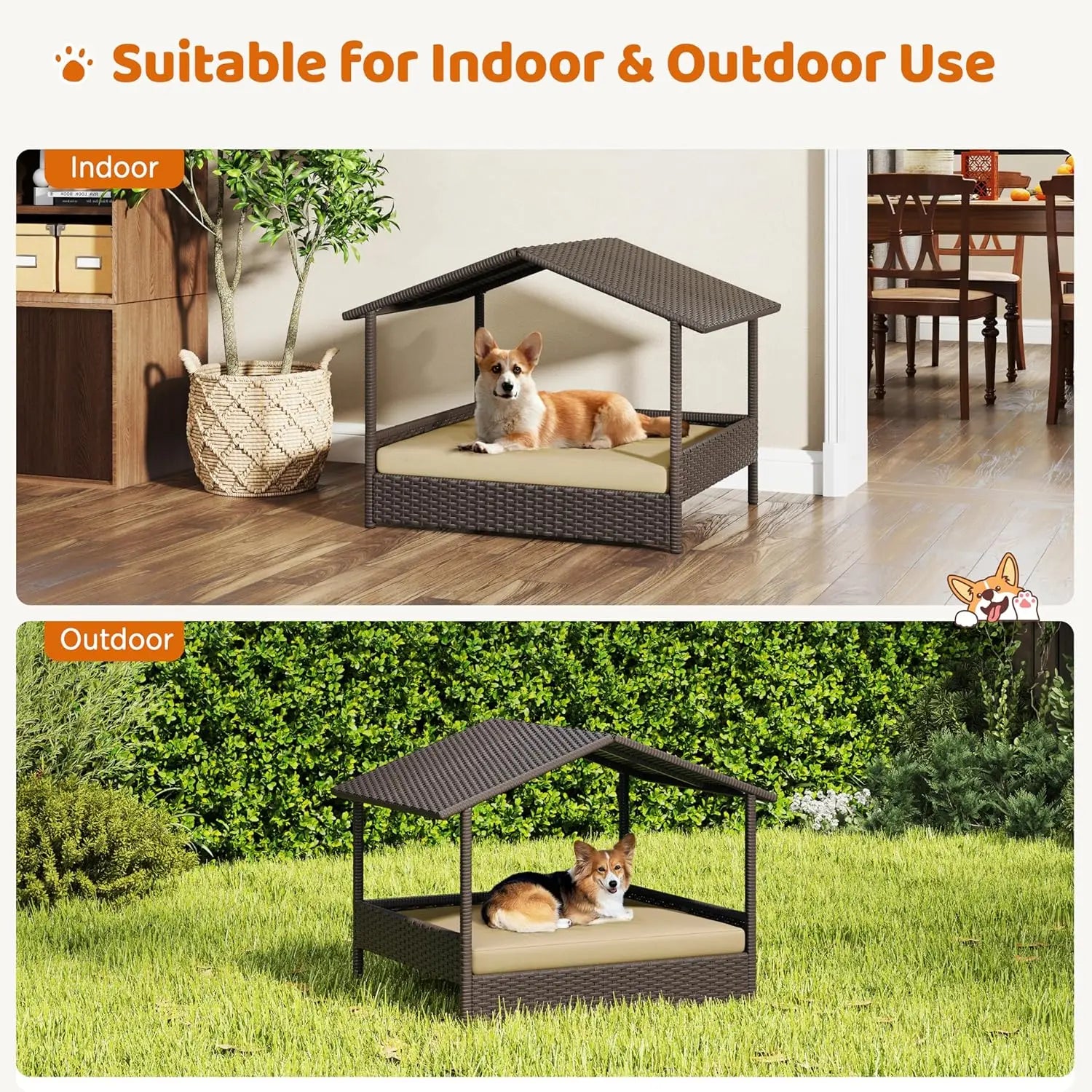 Wicker Rattan Elevated Dog Bed w/Canopy