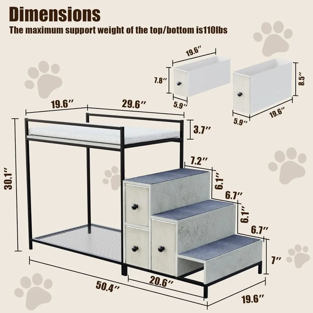 Multi-Level Pet Bunk Bed w/Stairs & Storage
