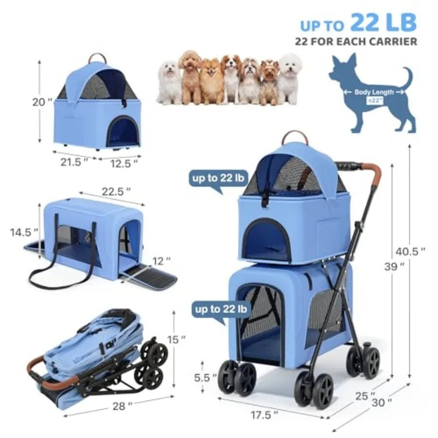 One Click Foldable Double Pet Stroller w/ Detachable Top & Bottom Carriers