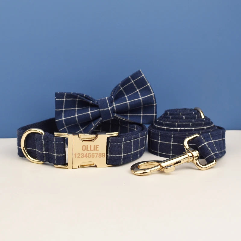 Dark Blue Plaid Personalized Dog Collar/Harness/Leash/Accessory Set