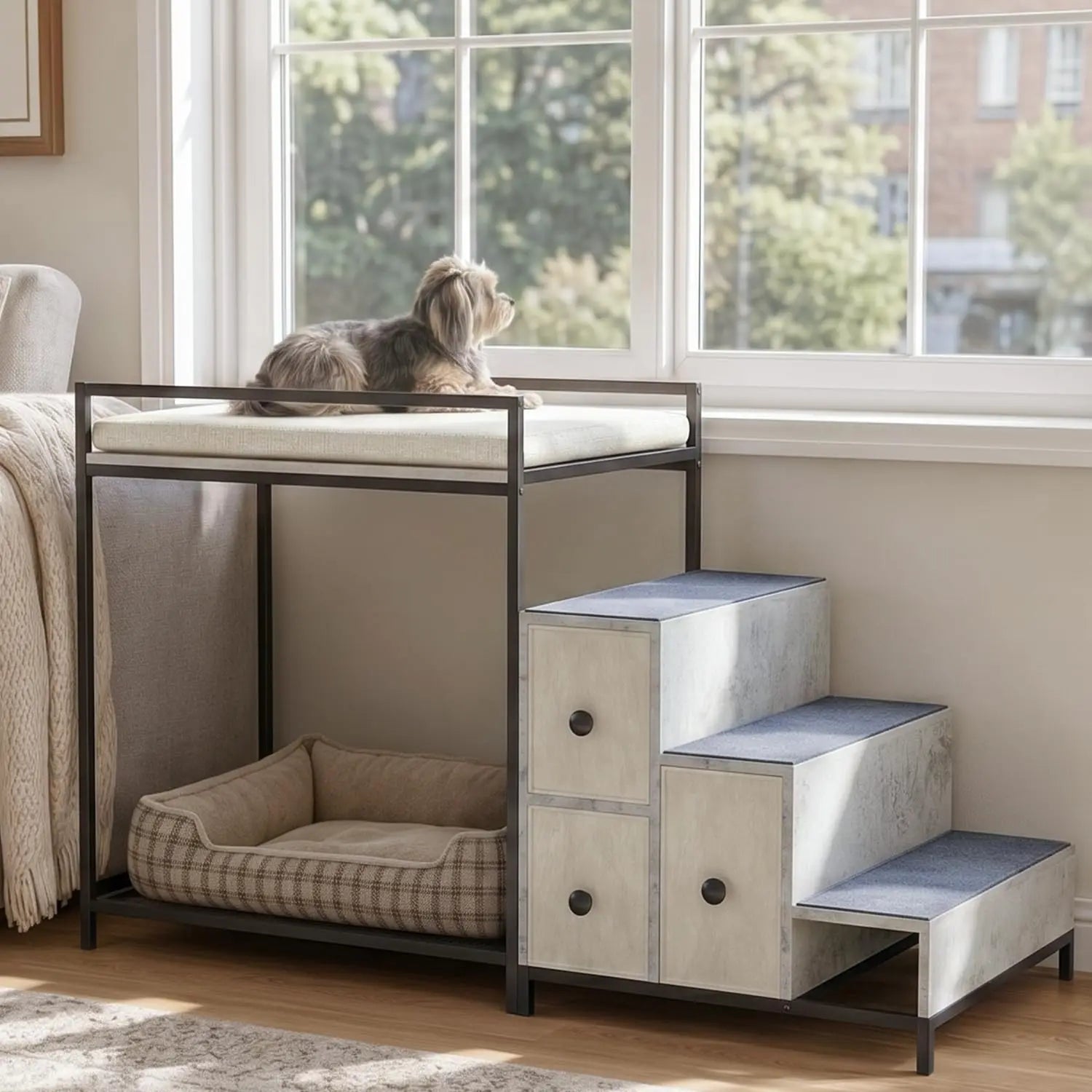 Pet Window Bunk Bed w/Stairs & Storage