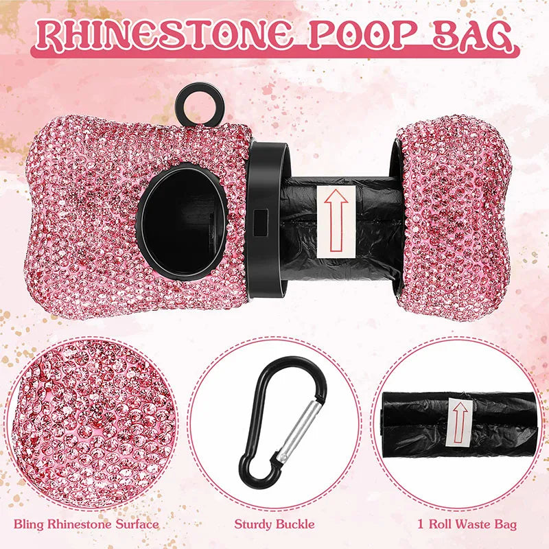 Rhinestone Pet Traction Leash & Bone Shaped Bag Dispenser