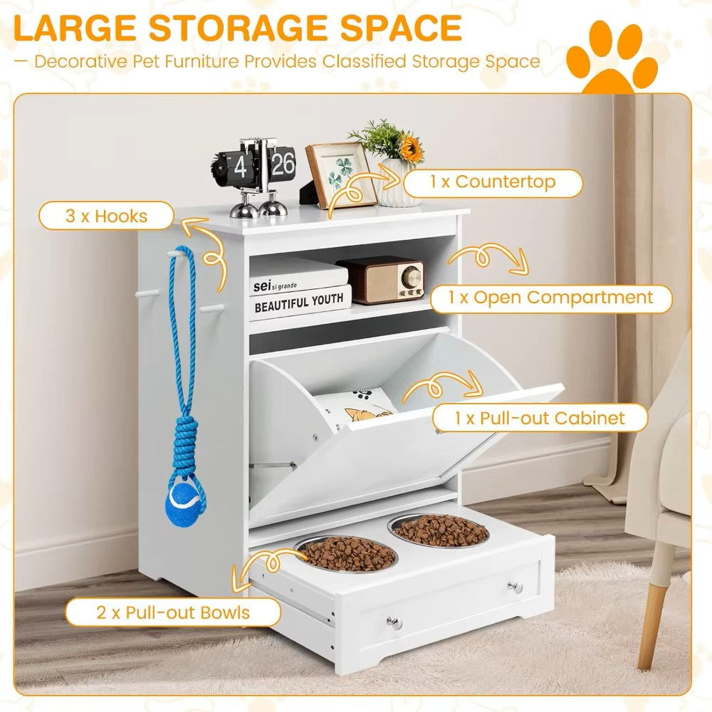 Pet Feeder Station w/Double Pull Out Stainless Steel Pet Bowls