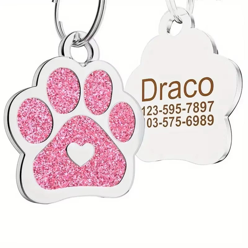 2PC Custom Engraved Cute Glitter Dog Paw ID Tags