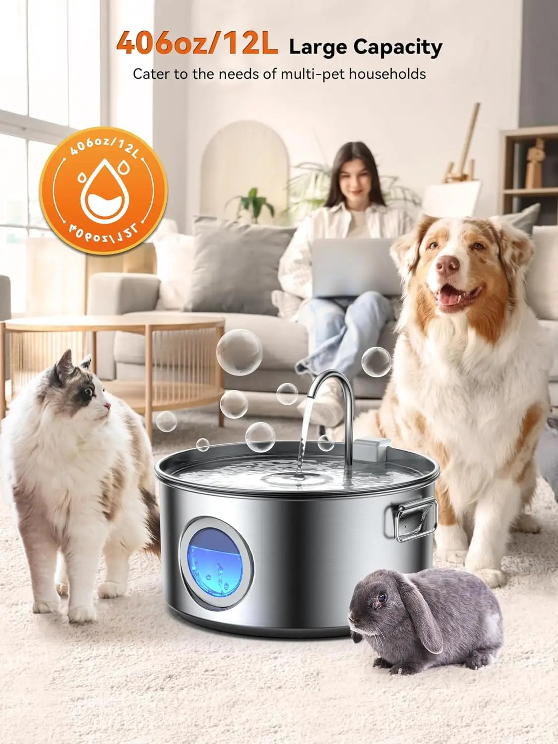 Whisper Quiet 12L Stainless Steel Pet Water Fountain