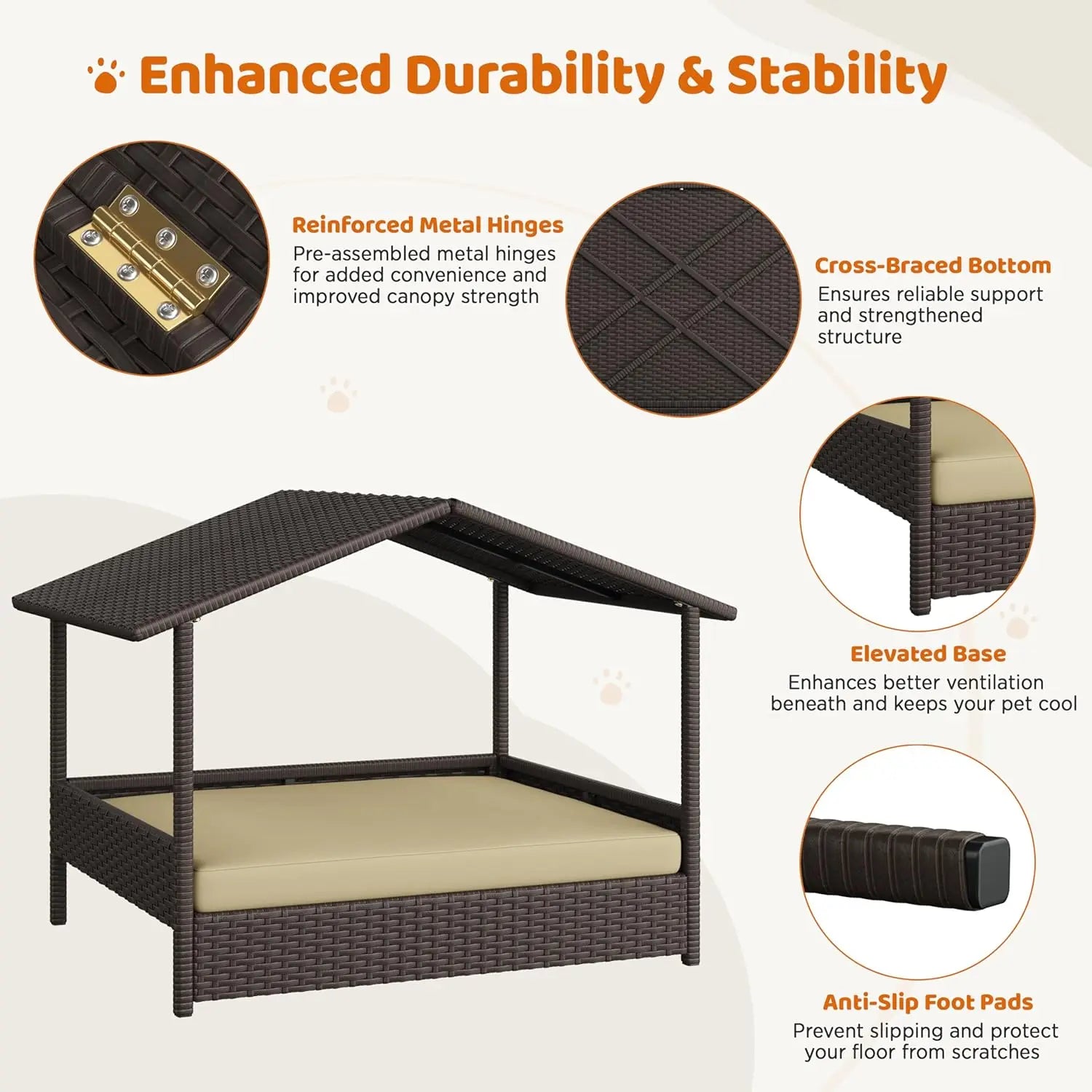 Wicker Rattan Elevated Dog Bed w/Canopy