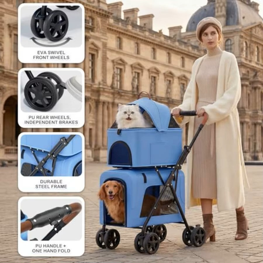 One Click Foldable Double Pet Stroller w/ Detachable Top & Bottom Carriers