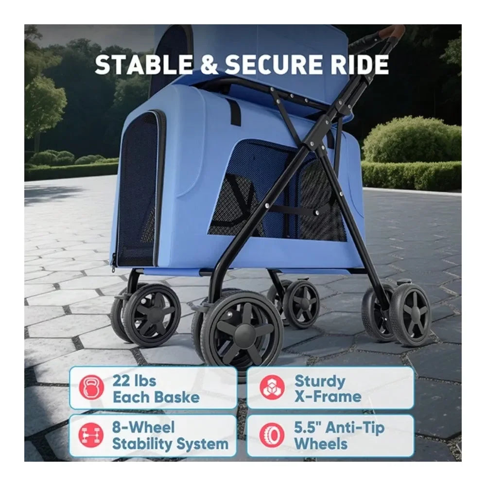 One Click Foldable Double Pet Stroller w/ Detachable Top & Bottom Carriers