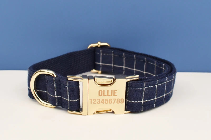 Dark Blue Plaid Personalized Dog Collar/Harness/Leash/Accessory Set