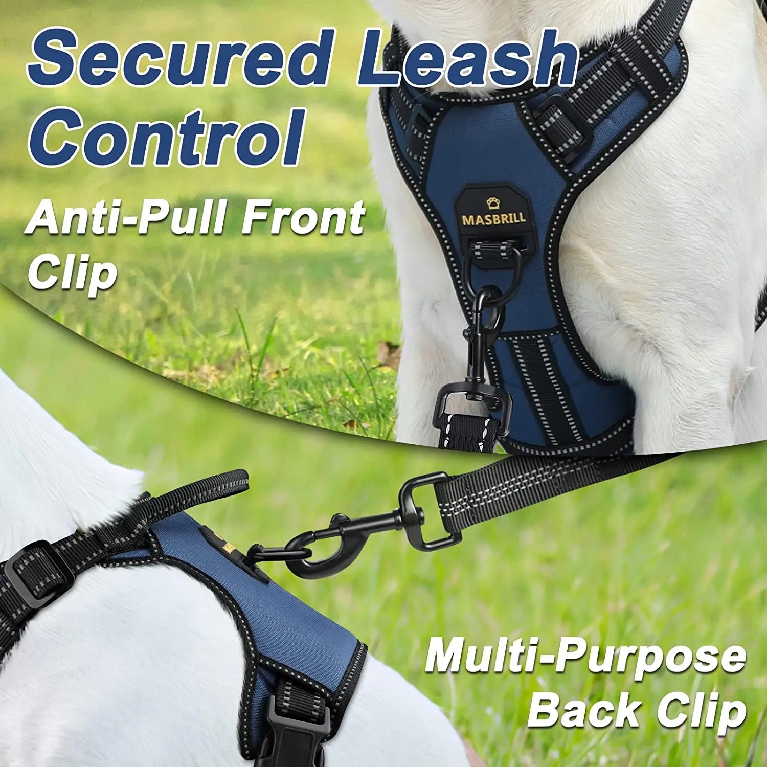 No-Pull Nylon Adjustable Reflective Dog Vest Harness w/ 2 Metal Leash Hooks