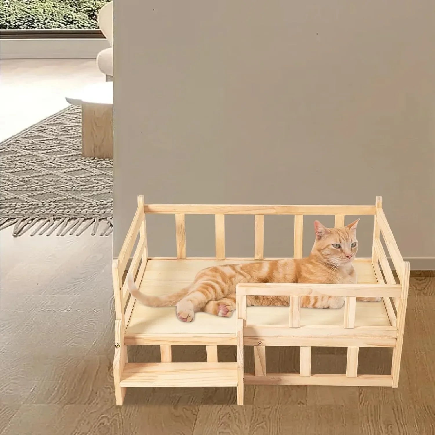 Solid Wood Elevated Pet Bed w/Stairs