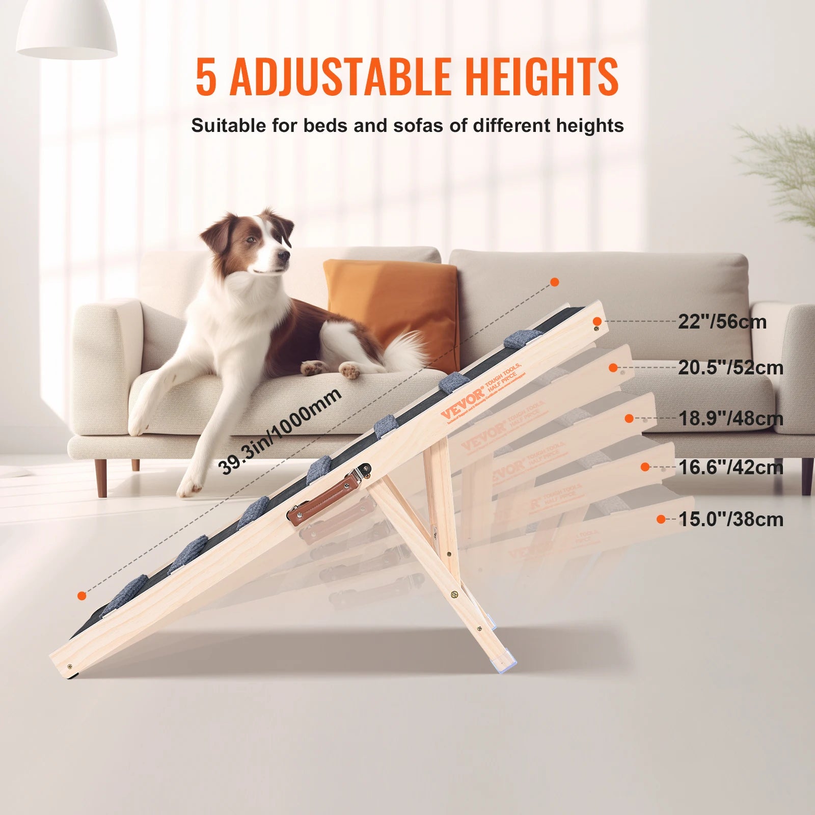 Anti-Slip 5-Level Adjustable Wooden Pet Ramp