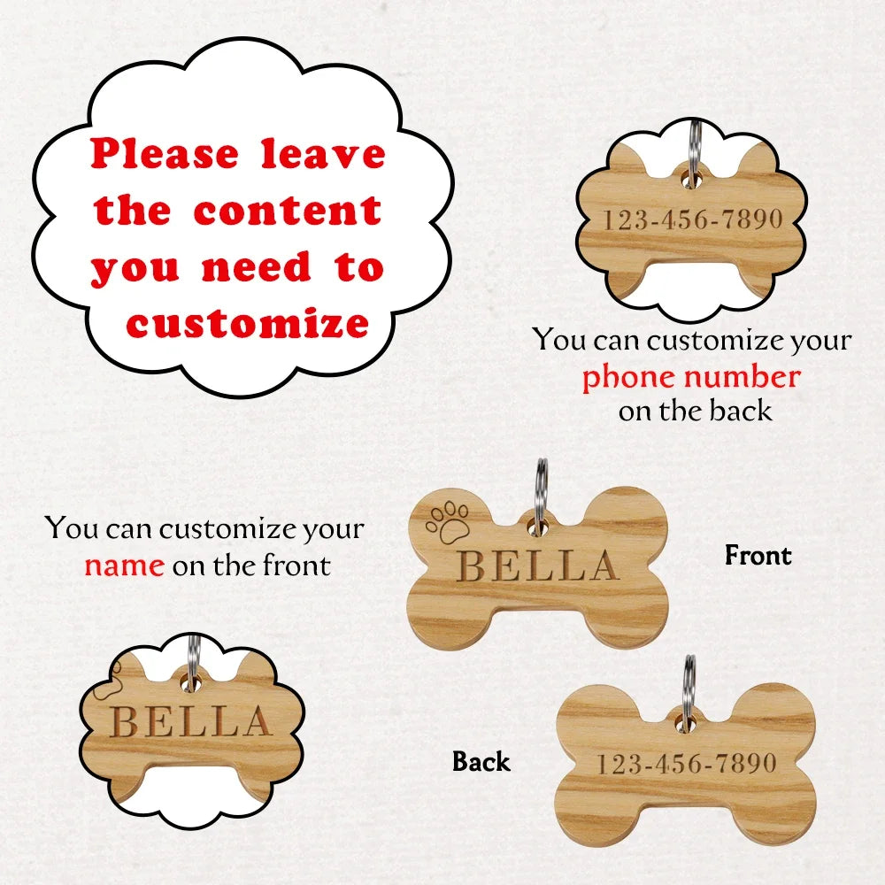 Engraved Wooden Bone Pet ID Tags