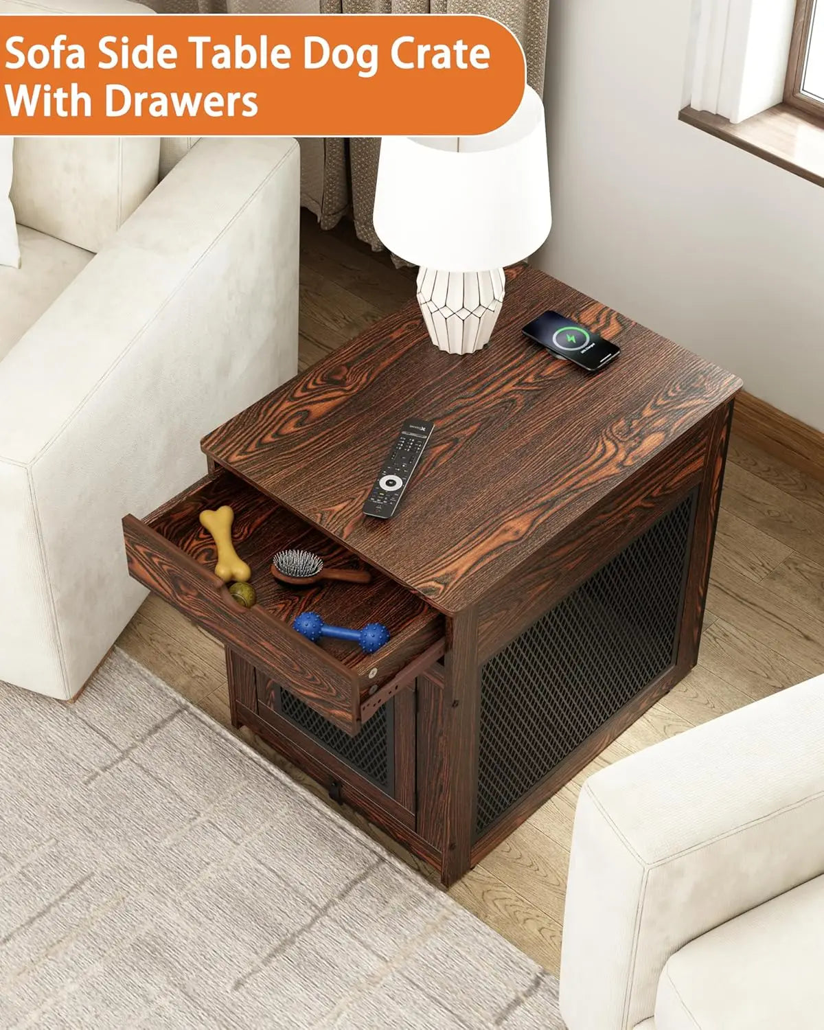 Wooden Wireless Charging Dog Crate End Table w/Storage Drawer