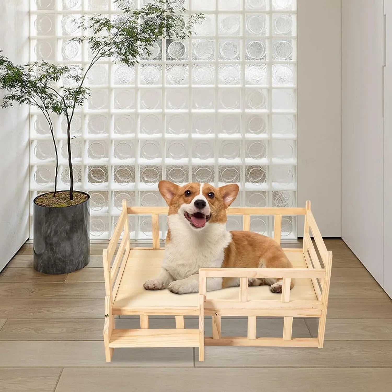 Solid Wood Elevated Pet Bed w/Stairs