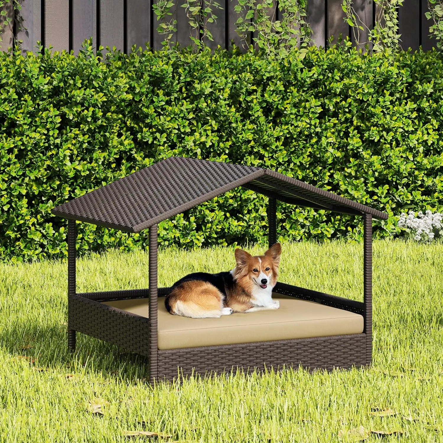 Wicker Rattan Elevated Dog Bed w/Canopy