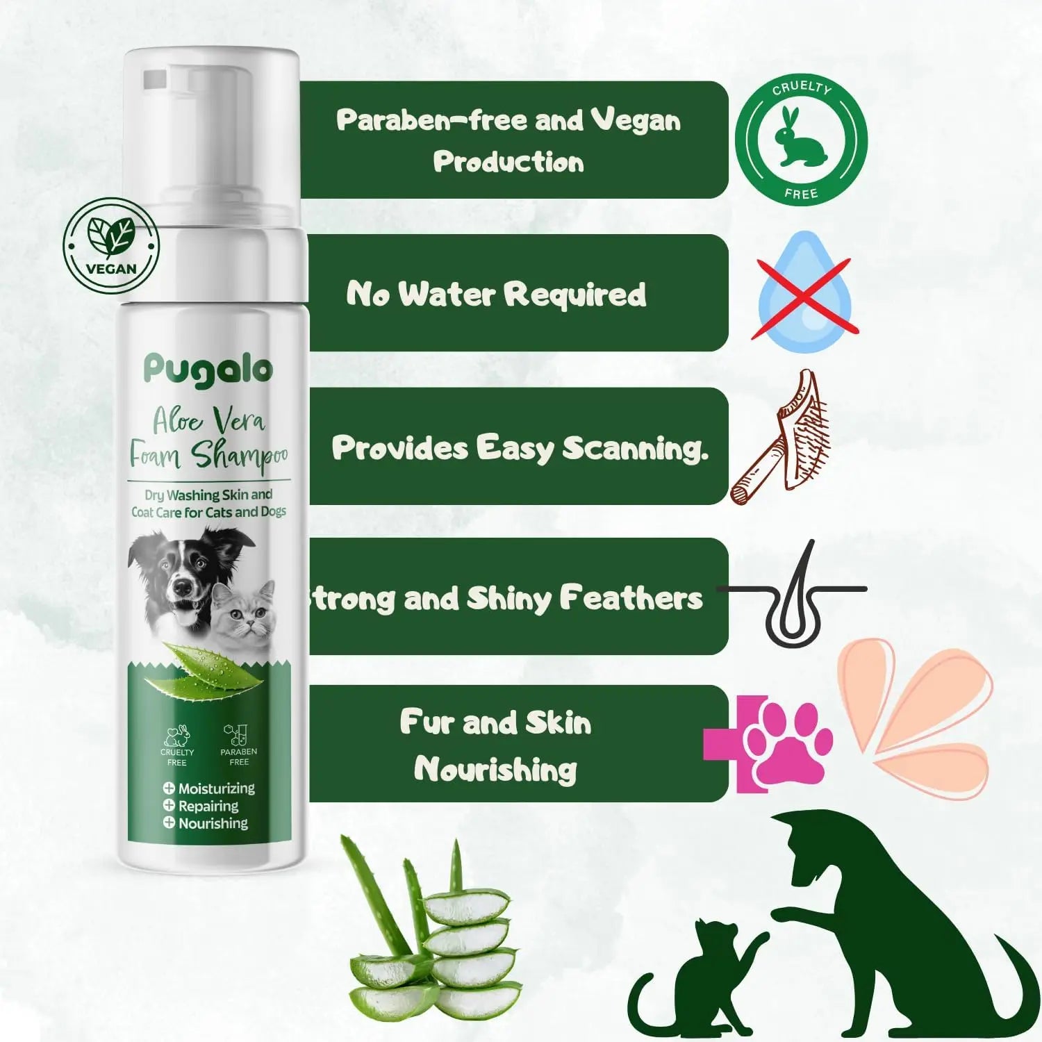 Waterless No-Rinse Aloe Vera Foam Pet Shampoo