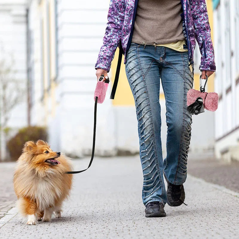 Rhinestone Pet Traction Leash & Bone Shaped Bag Dispenser