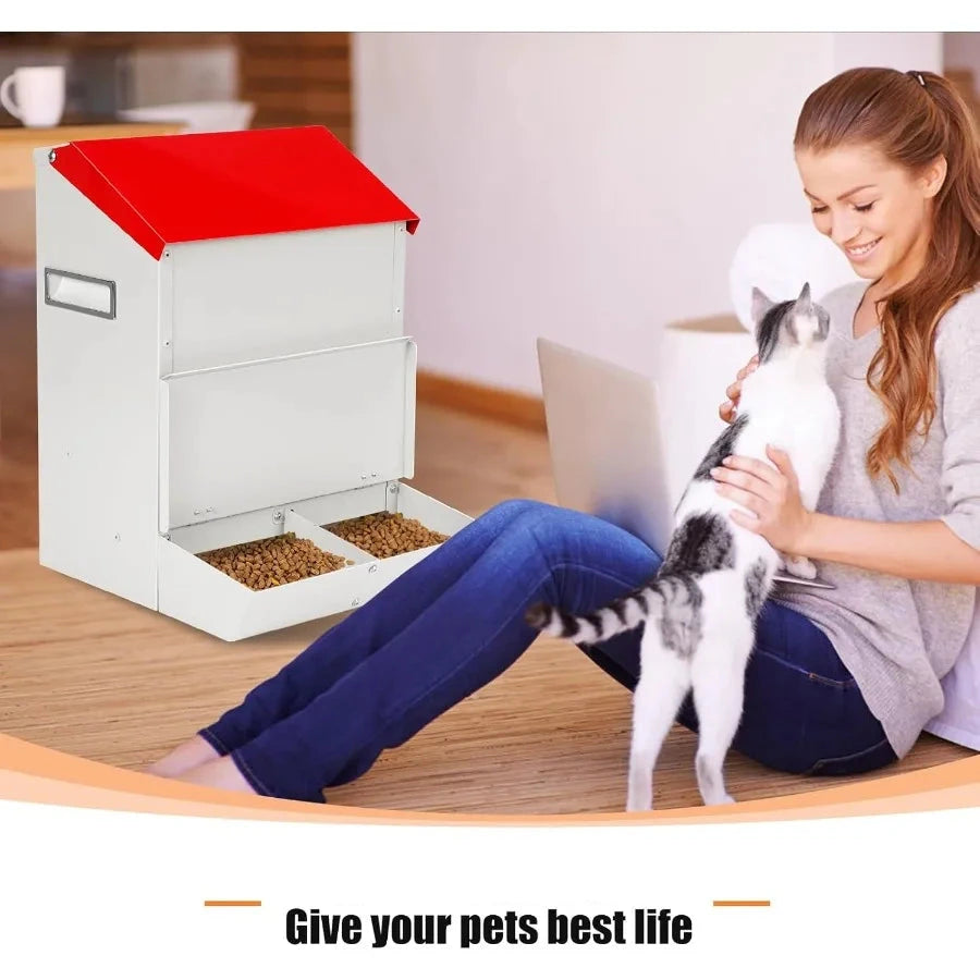 Large Galvanized Dry Pet Food Dispenser w/Dual Gravity Bowls