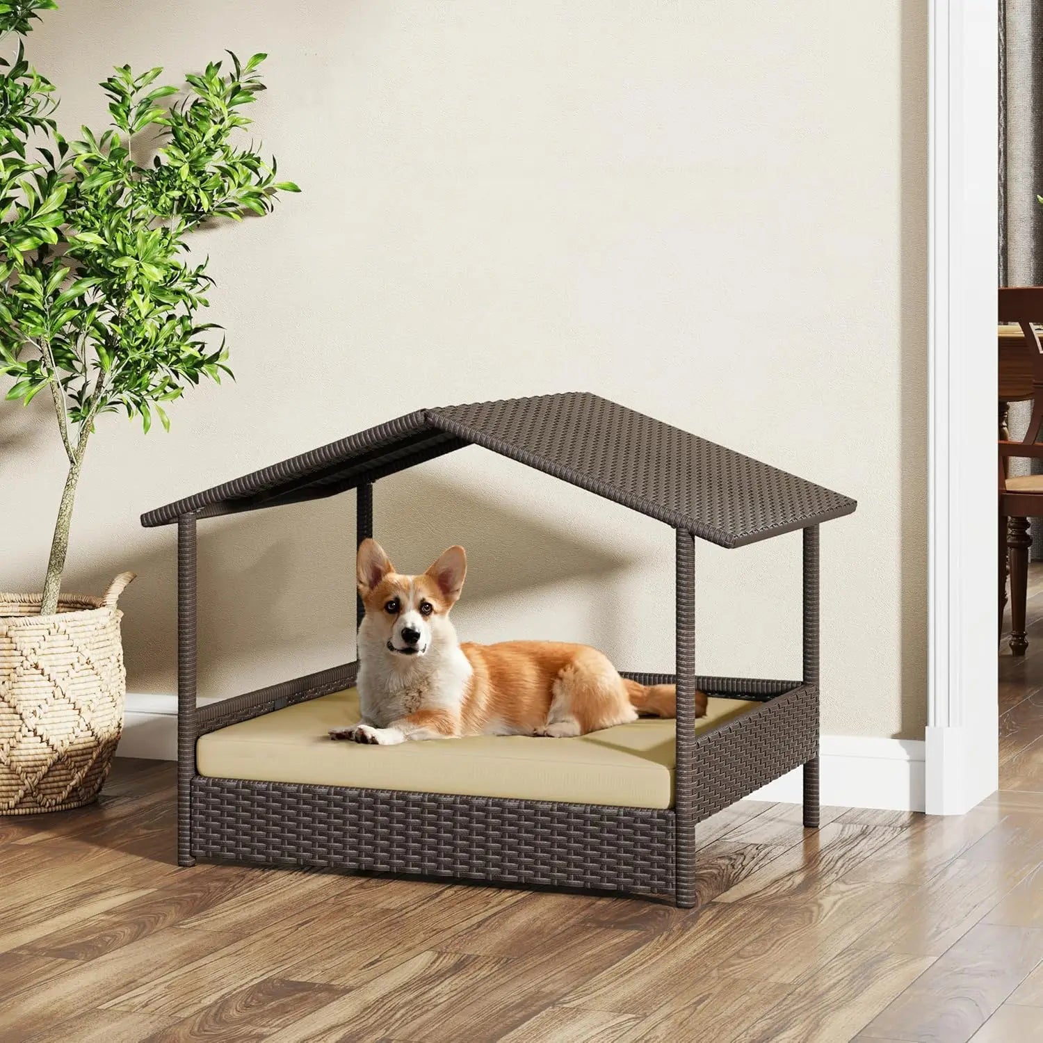 Wicker Rattan Elevated Dog Bed w/Canopy