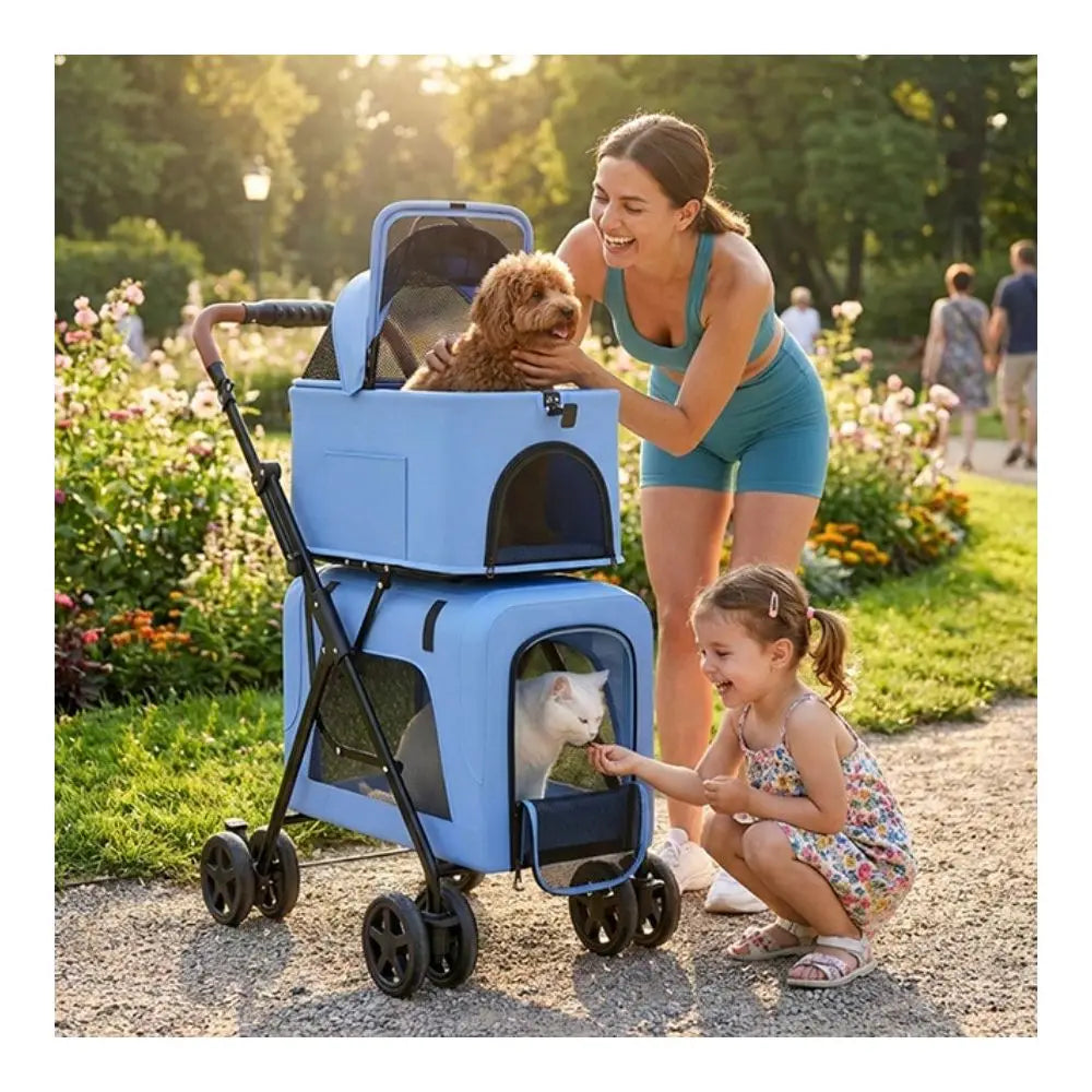 One Click Foldable Double Pet Stroller w/ Detachable Top & Bottom Carriers
