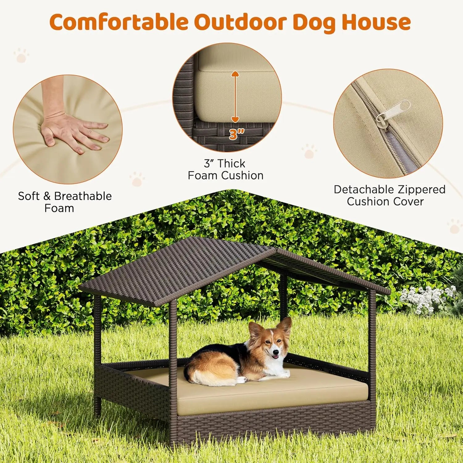 Wicker Rattan Elevated Dog Bed w/Canopy