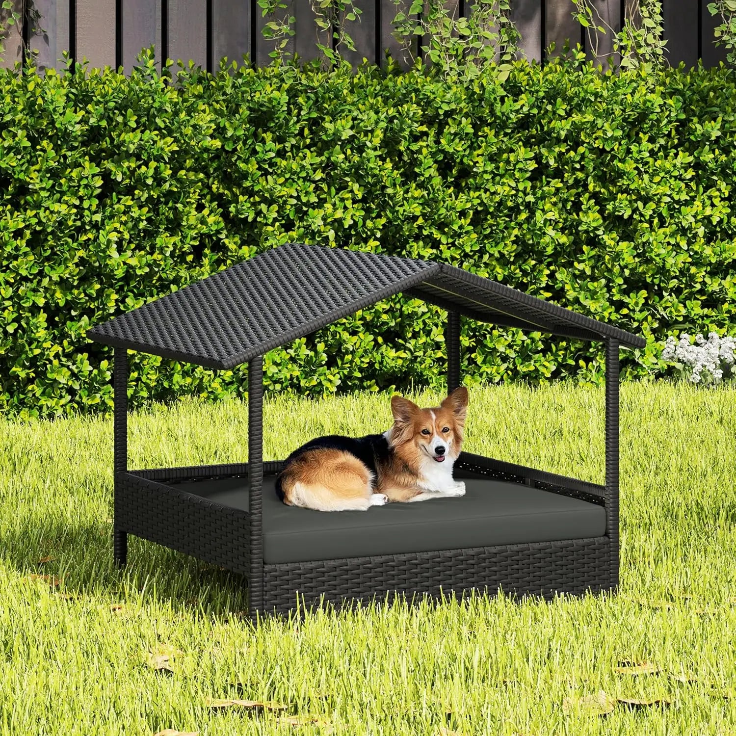 Wicker Rattan Elevated Dog Bed w/Canopy