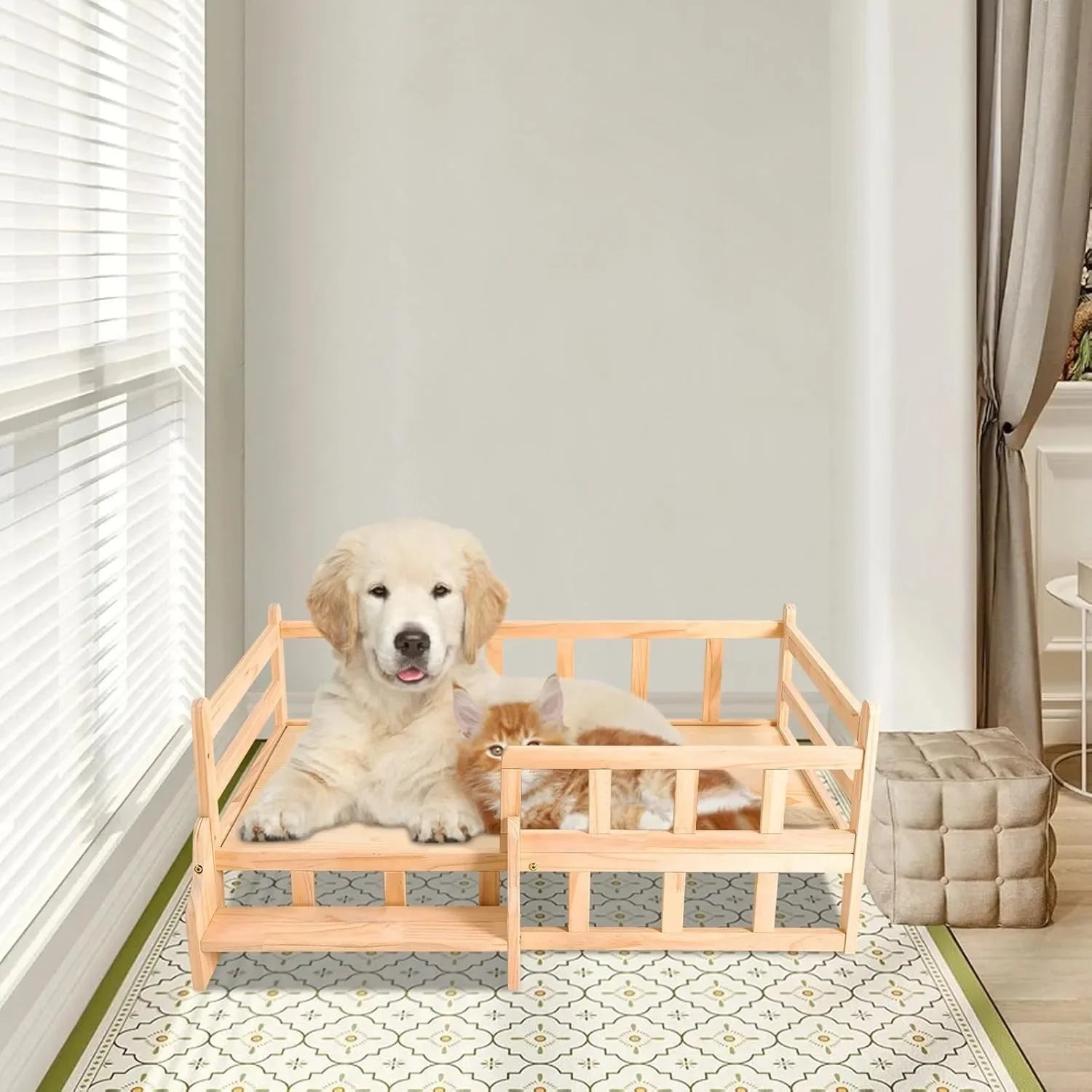 Solid Wood Elevated Pet Bed w/Stairs